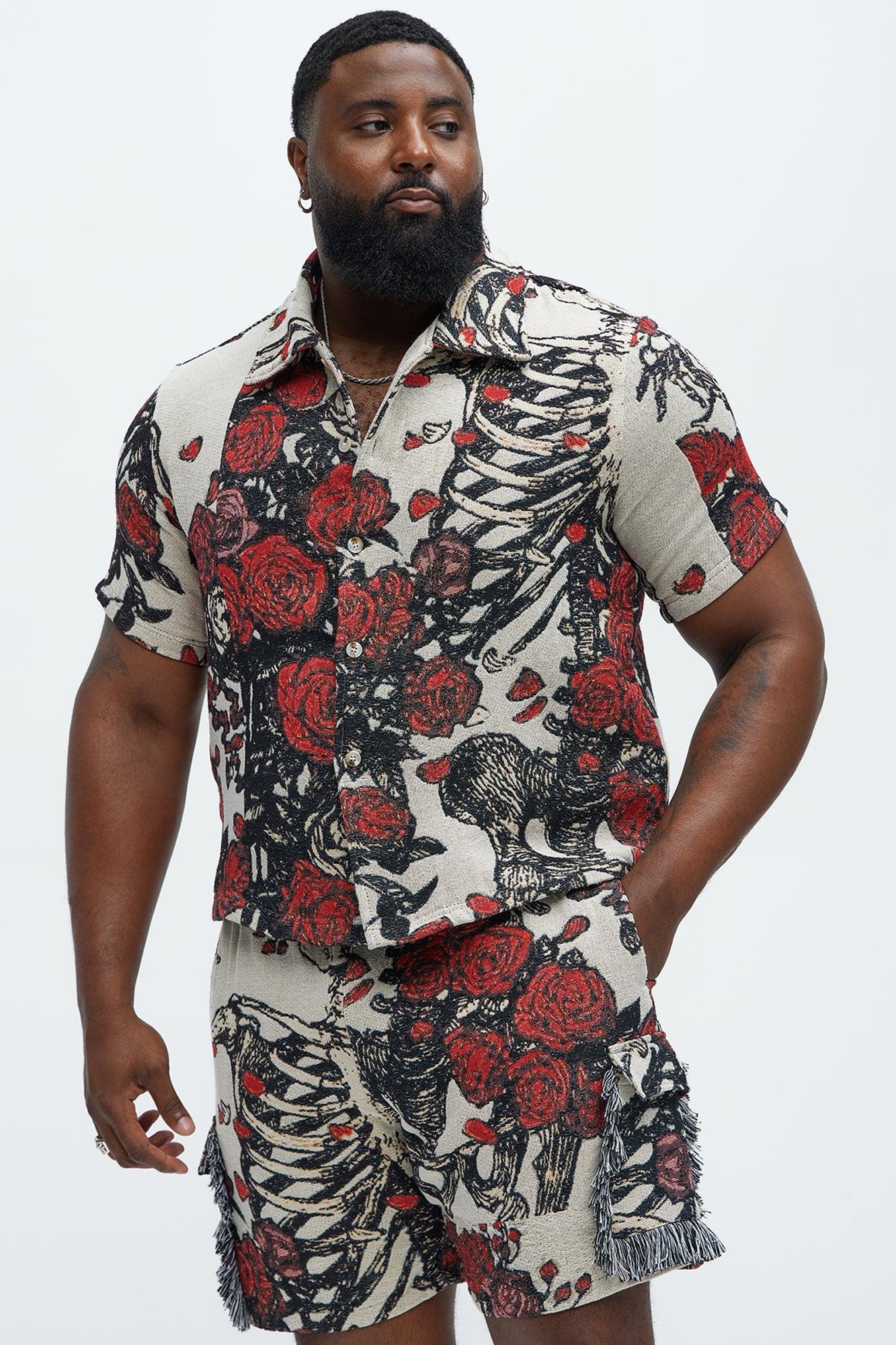 Petals Tapestry Short Sleeve Button Up Shirt - Red/combo Product Image