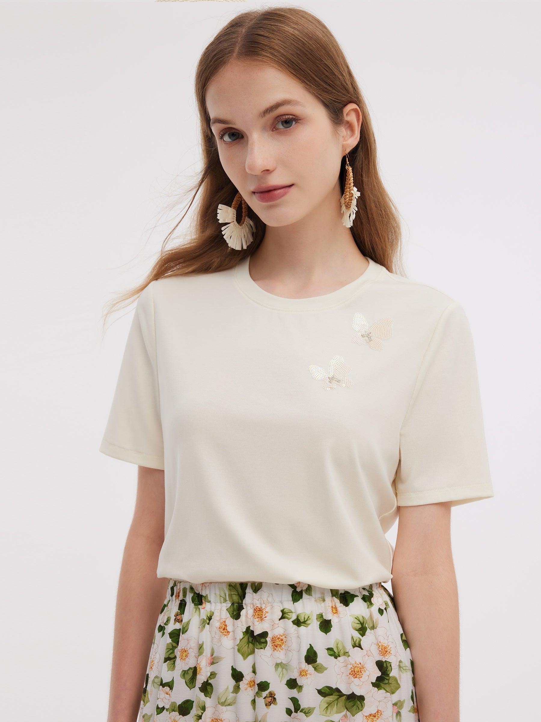 Tencel Blend Butterfly Sequined Embroidered Women T-Shirt Product Image
