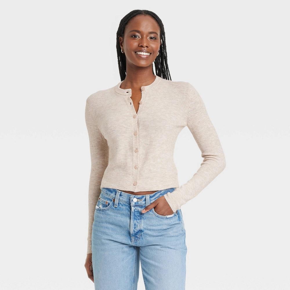 Womens Button-Front Cardigan - Universal Thread Tan XL: Recycled Polyester, Midweight, Crew Neck, Long Sleeve Product Image