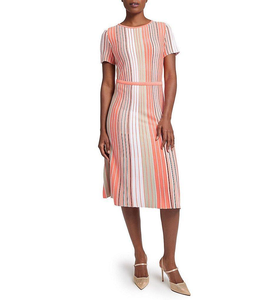 Ming Wang Knit Multi-Stripe Round Neck Short Sleeve Fit-And-Flare Dress Product Image