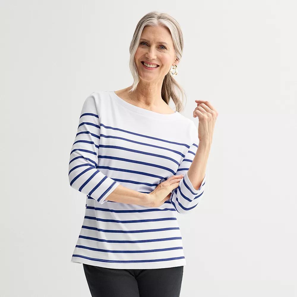 Petite Croft & Barrow Boatneck Top, Womens Blue Stripe Product Image