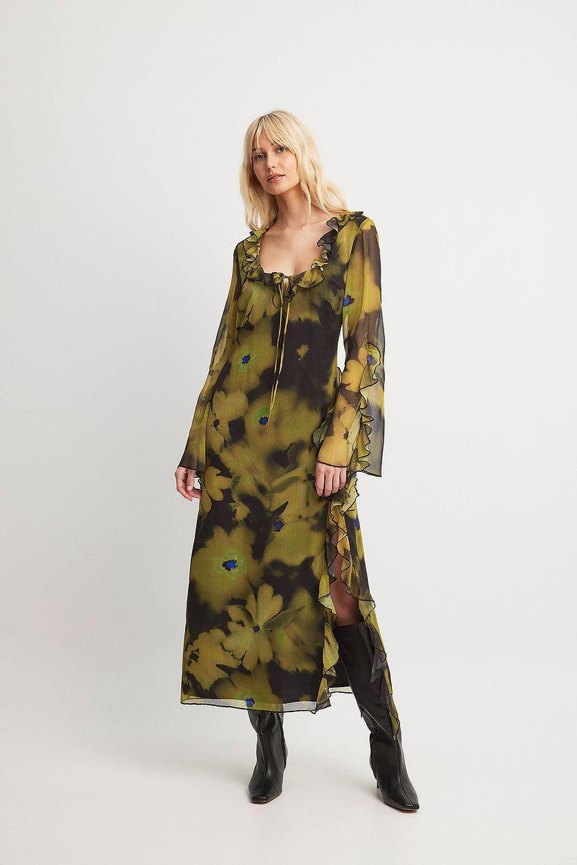 Ruffle Detail High Slit Maxi Dress Product Image