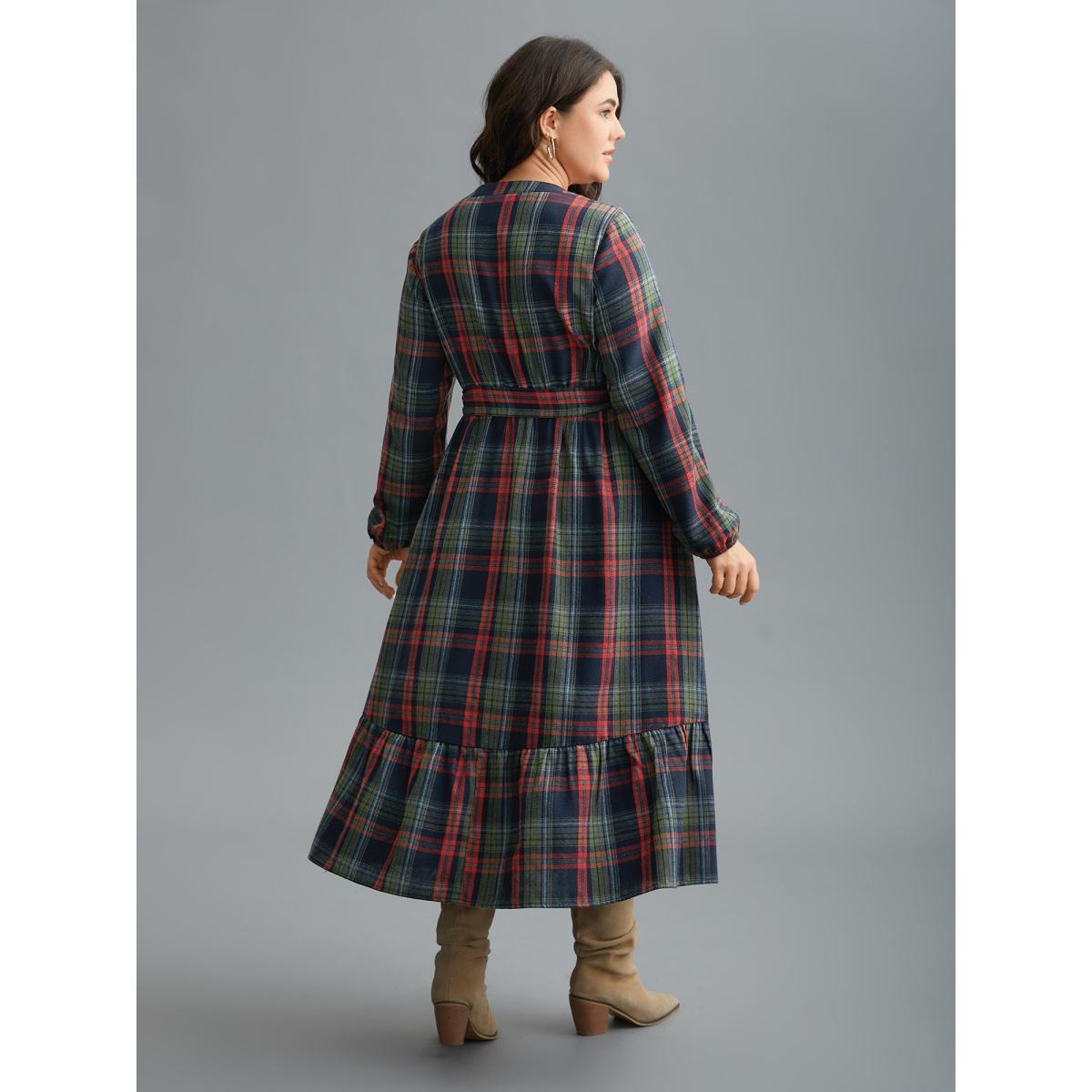 Plus Size Festive Notched Collar Plaid Dress Navy Women Elegant Belted Flat collar with V-notch Long Sleeve Curvy BloomChic 14-16/1X Product Image