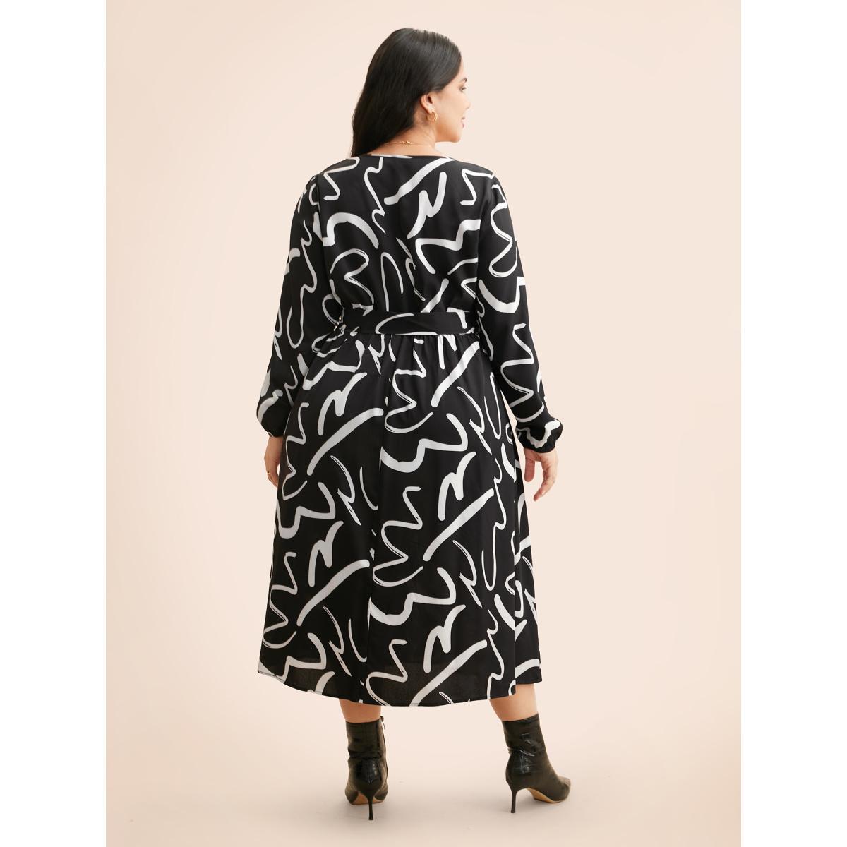 Plus Size Geometric Overlap Collar Midi Dress BlackFlower Women At the Office Belted Overlap Collar Long Sleeve Curvy BloomChic 22-24/3X Product Image