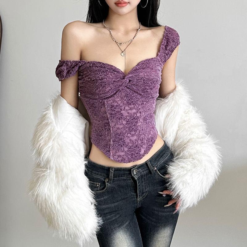 Off Shoulder Ruffle Sleeve Lace Floral Bustier Top Product Image