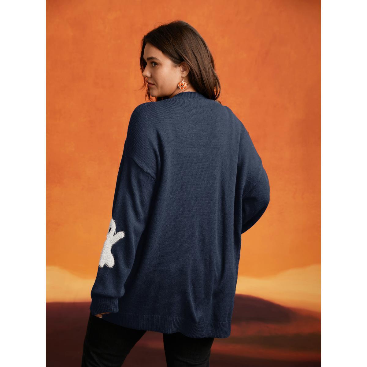 Plus Size Pumpkin Ghost Embroidery Open Cardigan Burgundy Women Casual Loose Long Sleeve Everyday Cardigans BloomChic 26/4X Product Image