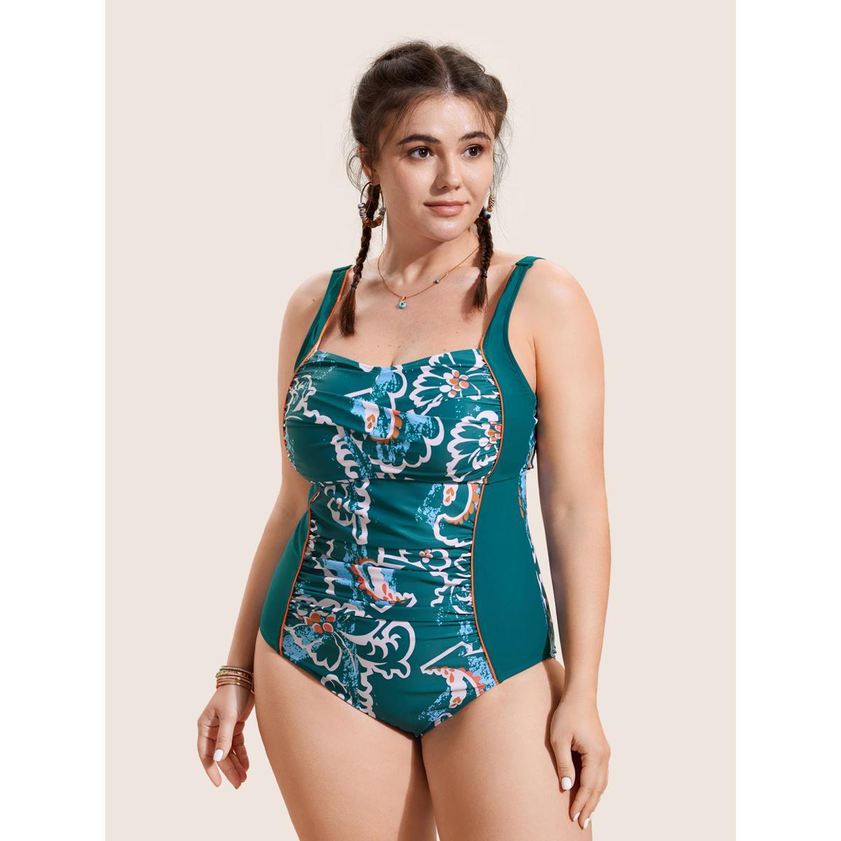 Plus Size Abstract Floral Patchwork Twist One Piece Swimsuit Women's Swimwear Cyan Beach Twist Curve Bathing Suits High stretch One Pieces BloomChic 26/4X Product Image