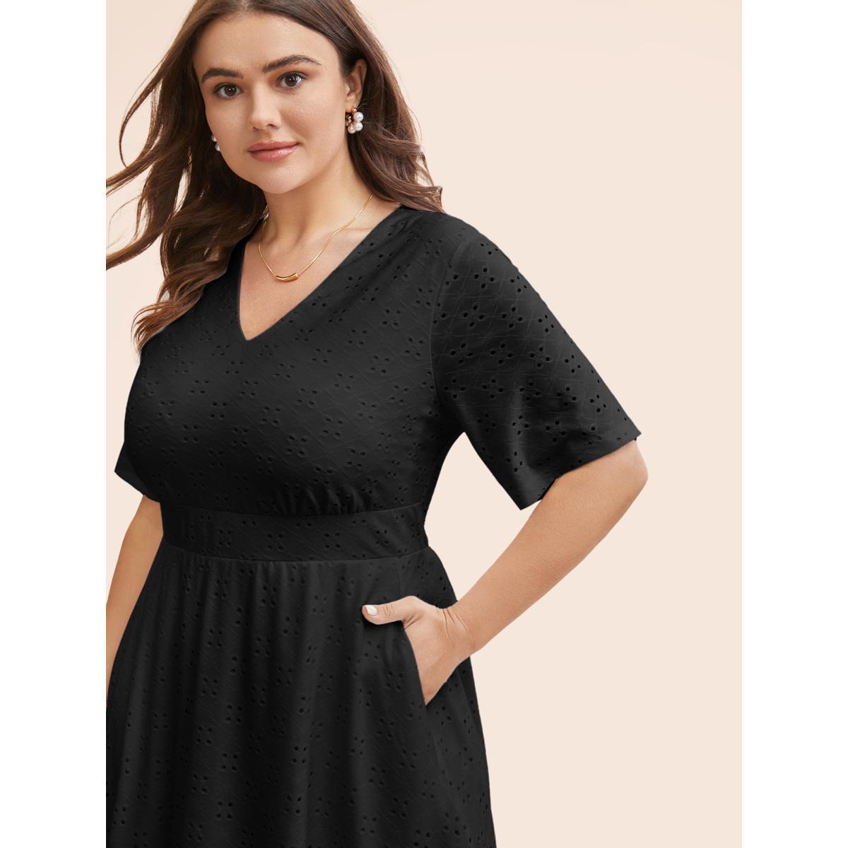 Plus Size Solid Pocket Laser Cut Surplice Neck Knee Dress Black Women Elegant Pocket V-neck Short sleeve Curvy Knee Dress BloomChic 30/6X Product Image