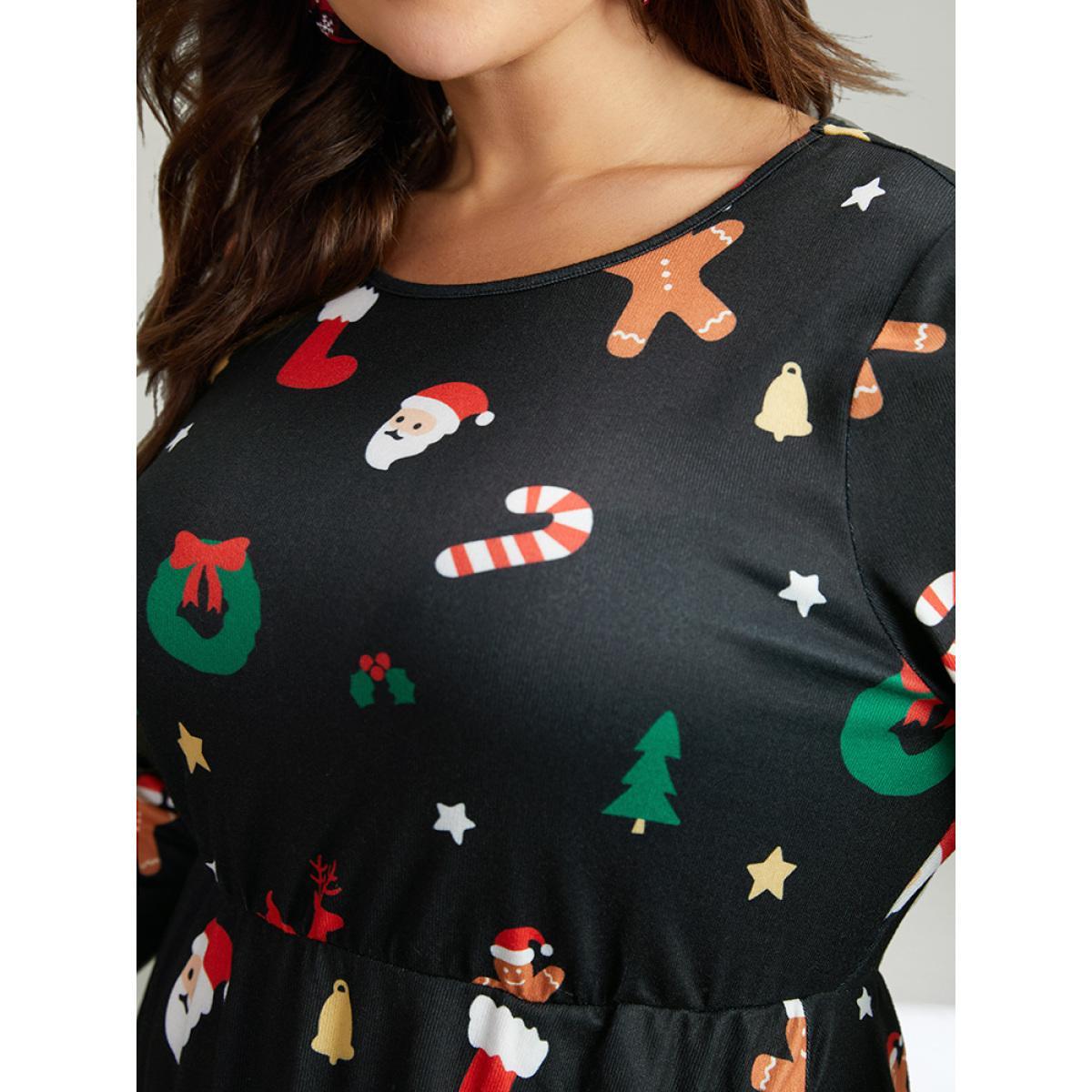 Plus Size Christmas Print Pocket Elastic Waist Dress Multicolor Women Casual Printed Round Neck Long Sleeve Curvy Midi Dress BloomChic 18-20/2X Product Image