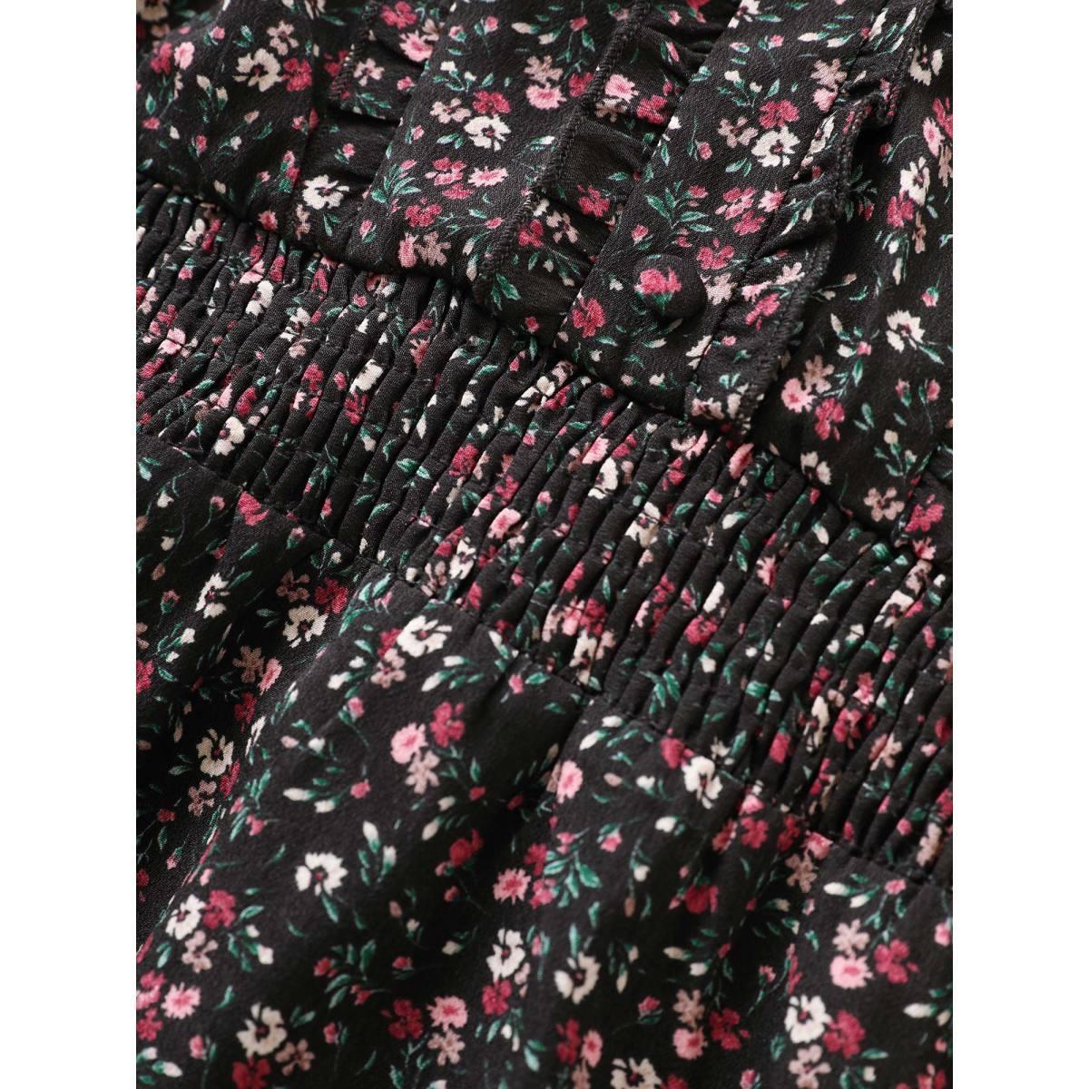Plus Size Black Ditsy Floral Shirred Frill Trim Blouse Women Elegant Short sleeve Notched collar Everyday Blouses BloomChic 10/M Product Image
