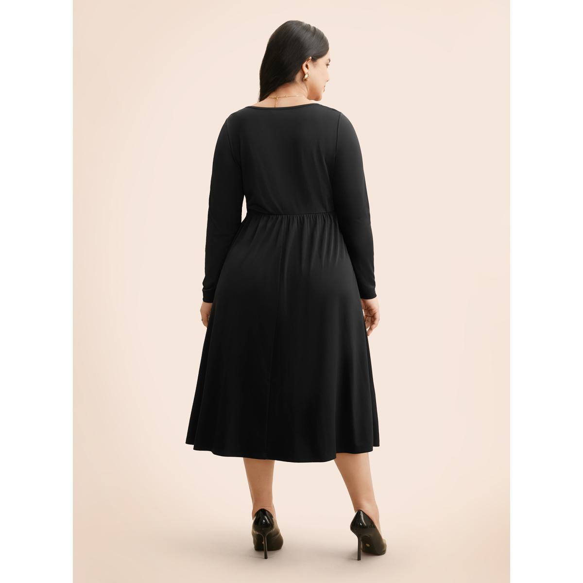 Plus Size Crew Neck Button Detail Dress Black Women At the Office Button Round Neck Long Sleeve Curvy BloomChic 22-24/3X Product Image