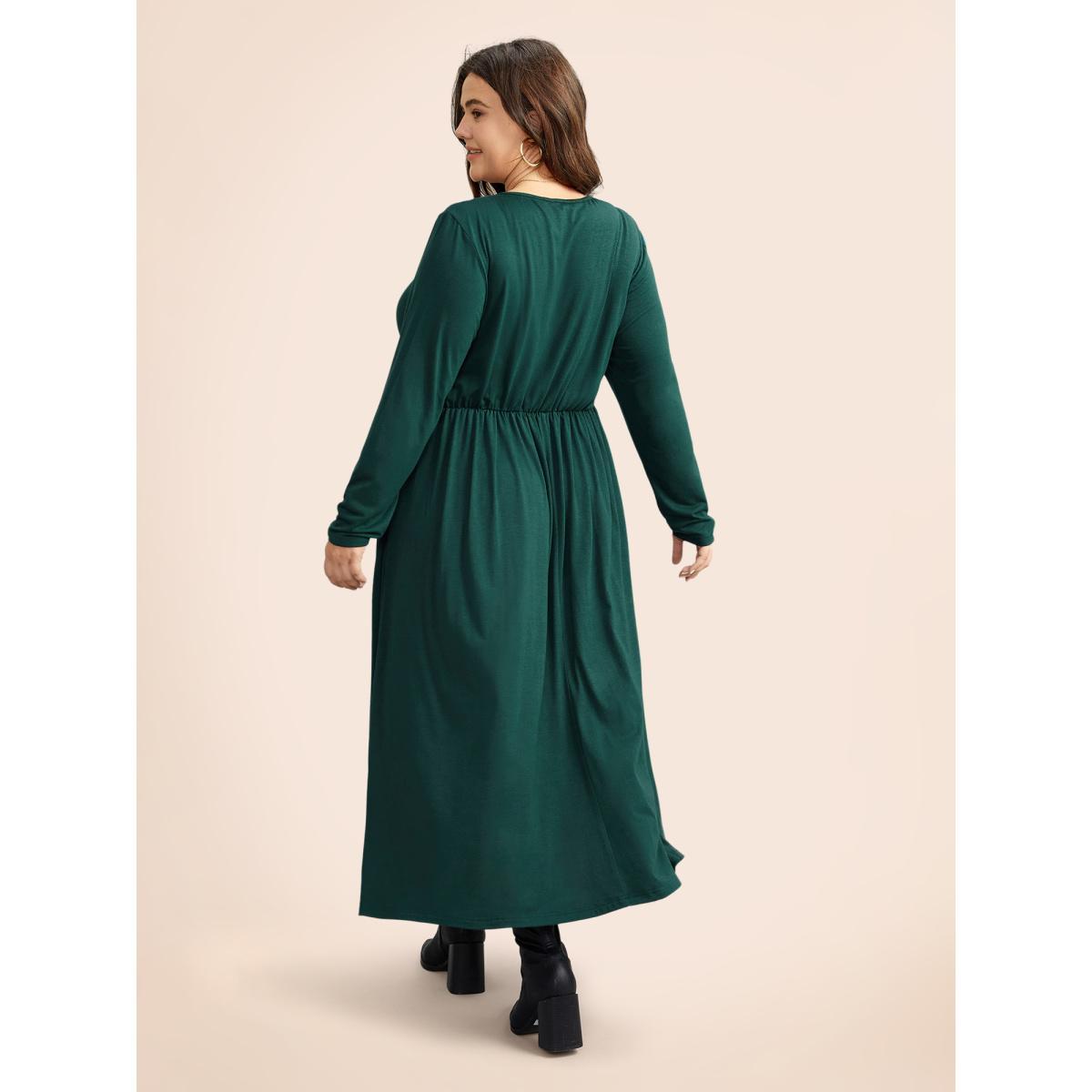Plus Size Supersoft Essentials Ruched Wrap Pleated Hem Dress DarkGreen Women Casual Non Overlap Collar Long Sleeve Curvy Midi Dress BloomChic 26/4X Product Image