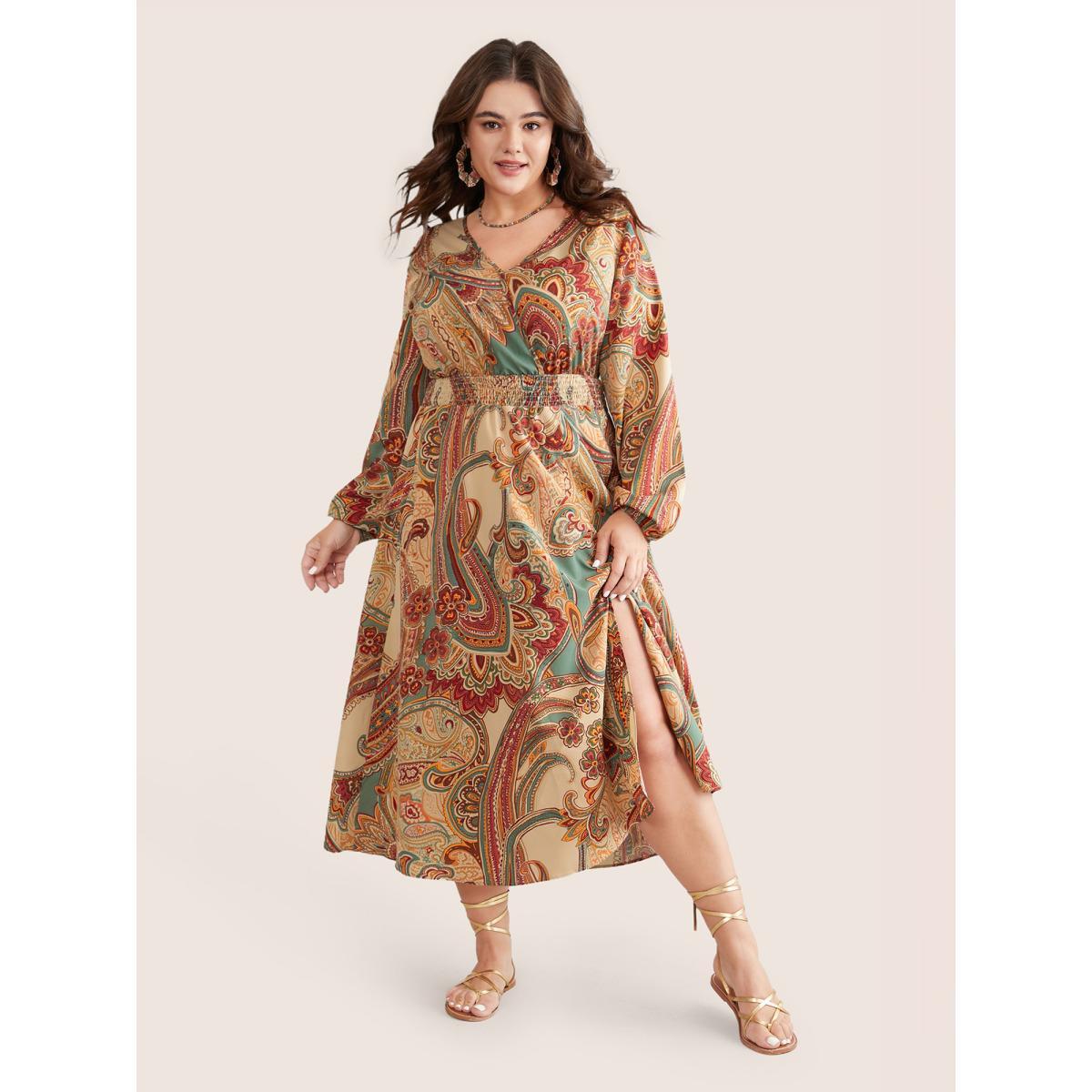 Plus Size Paisley Shirred Split Side Overlap Collar Dress Apricot Women Vacation Elastic cuffs Overlap Collar Long Sleeve Curvy Midi Dress BloomChic 12/L Product Image