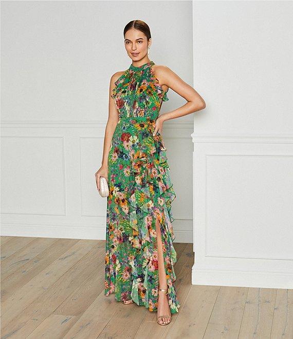 Betsy & Adam Petite Size Sleeveless Halter Neck Floral Chiffon Maxi Fit and Flare Dress Product Image