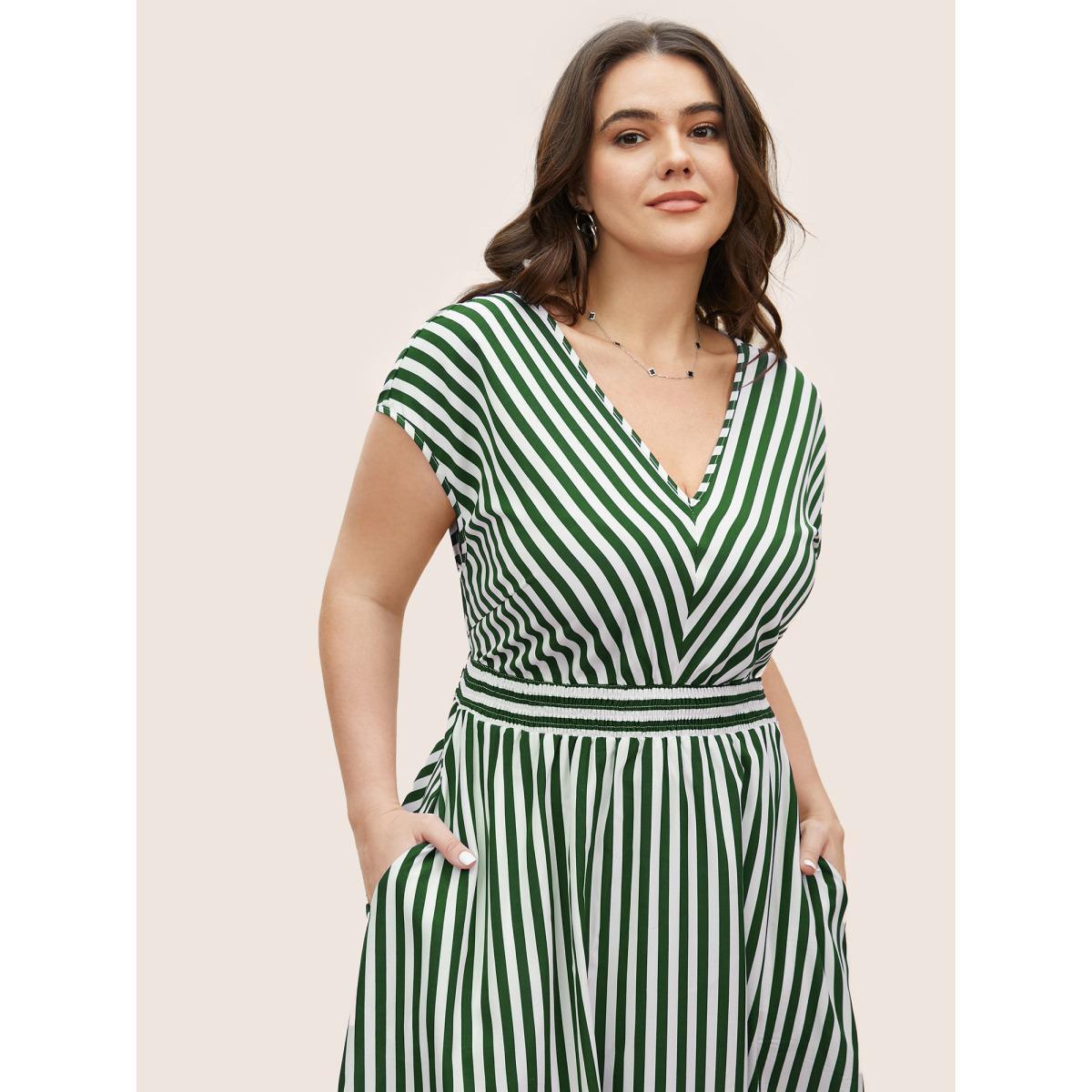 Plus Size Striped Shirred Dolman Sleeve Dress Truegreen Women At the Office V-neck Cap Sleeve Curvy BloomChic 22-24/3X Product Image