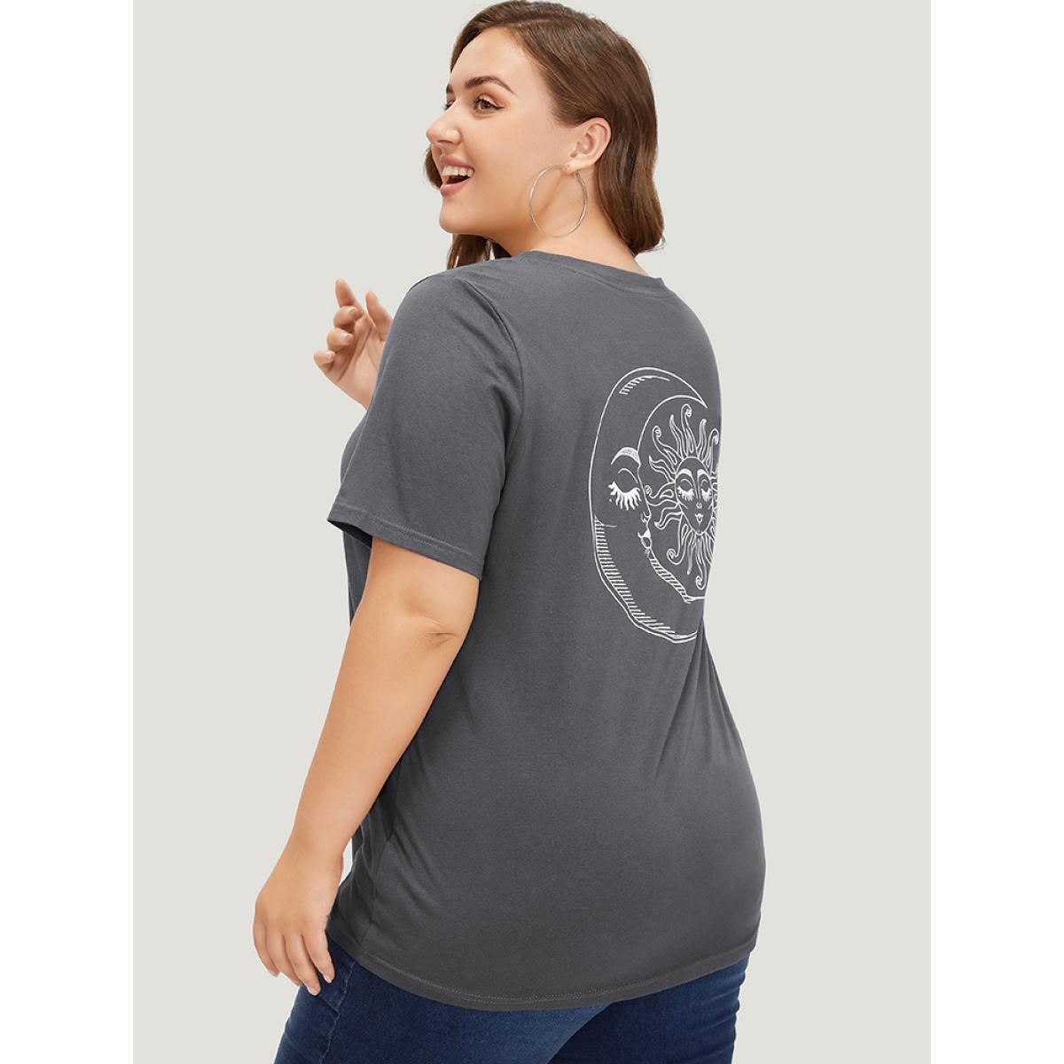 Plus Size Sun & Moon Print Graphic Round Neck T-shirt DimGray Women Casual Star and moon Dailywear T-shirts BloomChic 10/M Product Image