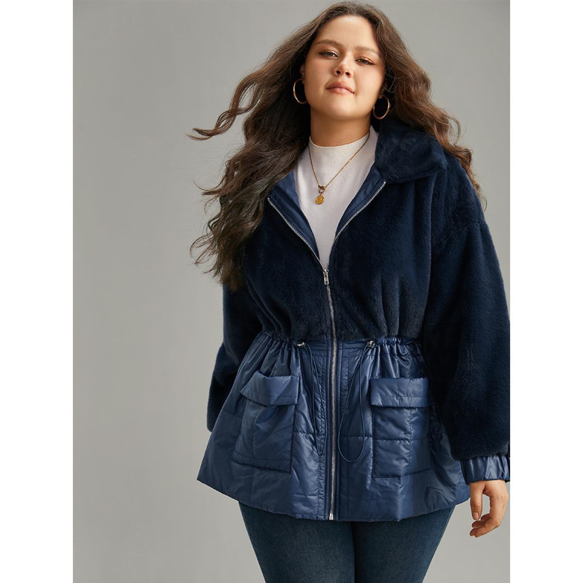 Plus Size Fuzzy Patchwork Zipper Drawstring Coat Women Indigo Casual Plain Ladies Dailywear Winter Coats BloomChic 30/6X Product Image