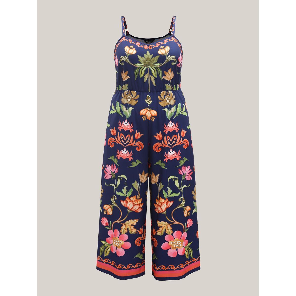 Plus Size DarkBlue Tropical Flowers Print Pockets Cami Jumpsuit Women Sleeveless V-neck Vacation Loose Jumpsuits BloomChic 10/M Product Image