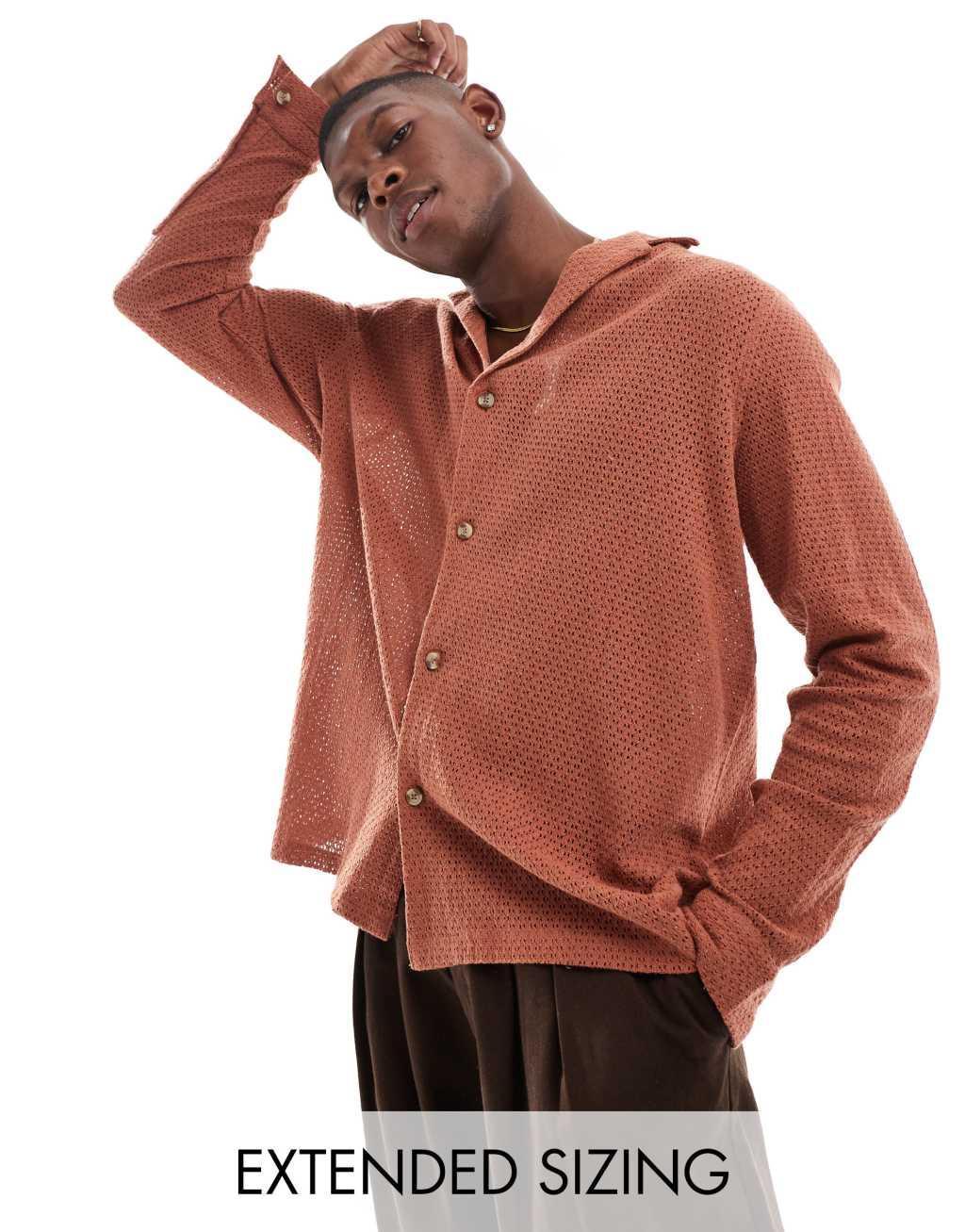 ASOS DESIGN relaxed deep revere collar shirt in brown Product Image