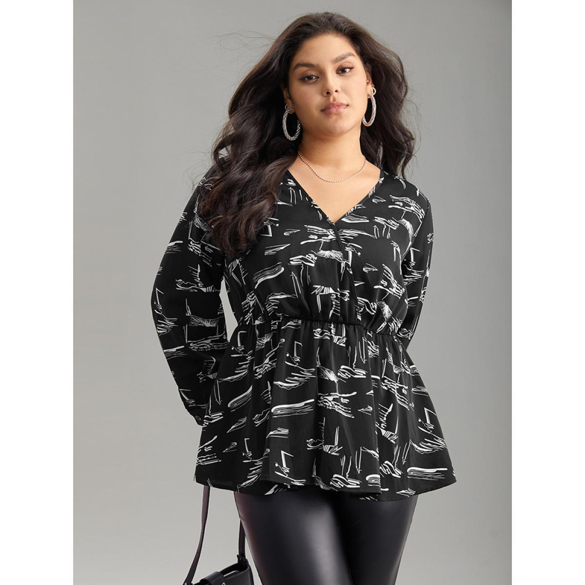 Plus Size BlackFlower Geometric Wrap Elastic Waist Ruffle Hem Blouse Women Office Long Sleeve Overlap Collar Work Blouses BloomChic 22-24/3X Product Image
