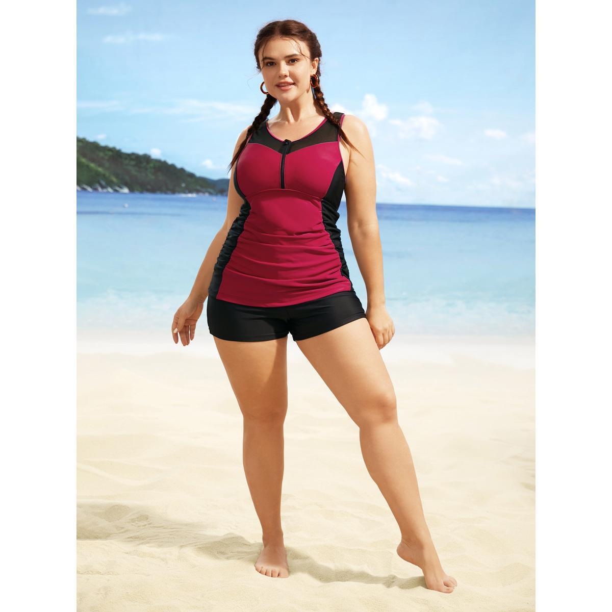 Plus Size Contrast Patchwork Gathered Half Zip Swim Top Women's Swimwear Scarlet Beach Gathered High stretch Skinny Round Neck Curve Swim Tops BloomChic 26/4X Product Image