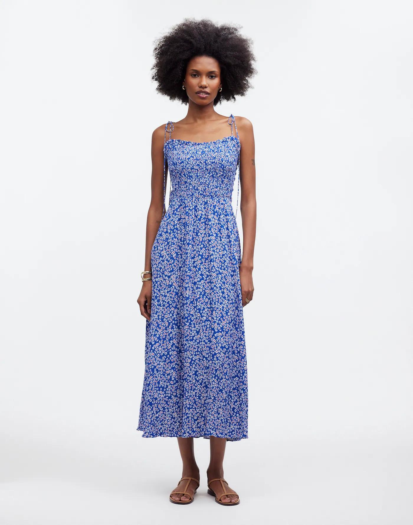 Smocked Tie-Strap Midi Dress in Floral Product Image
