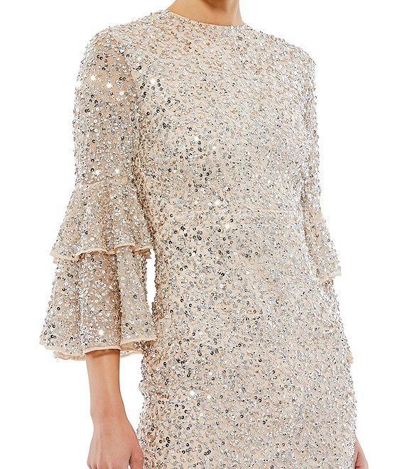 Mac Duggal Crew Neck Ruffle Tiered 3/4 Sleeve Sequin Midi Sheath Dress Product Image