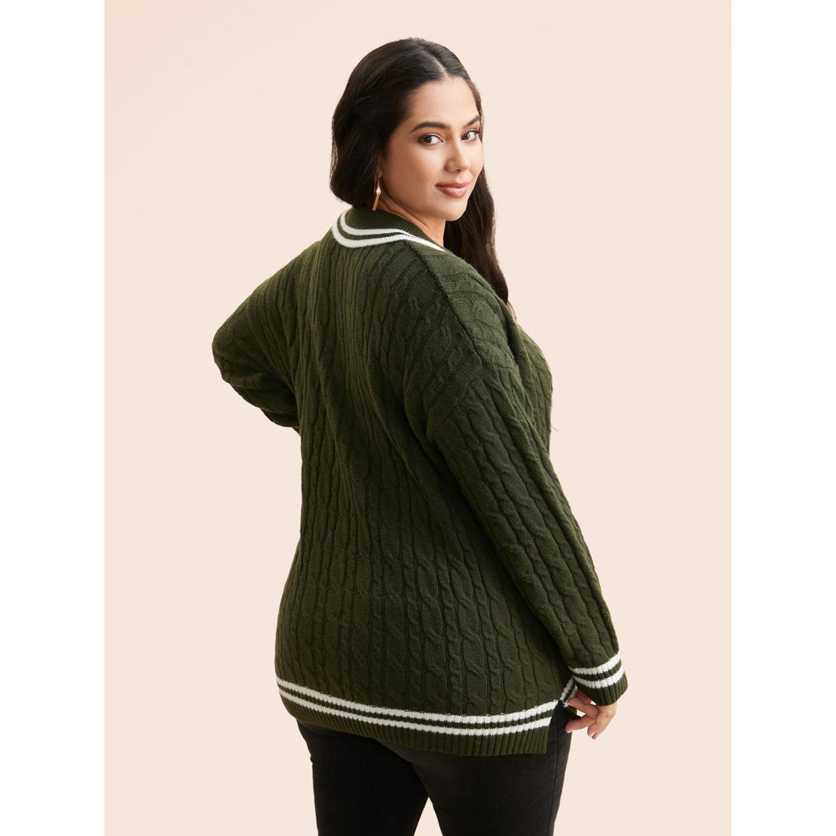Plus Size Contrast Trim Split Hem Pullover ArmyGreen Women Casual Long Sleeve Lapel Collar Everyday Pullovers BloomChic 22-24/3X Product Image