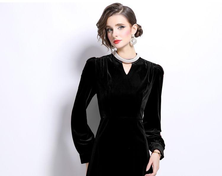 Long Sleeve Mock Neck Plain Beaded Keyhole Velvet Midi A-Line Dress Product Image