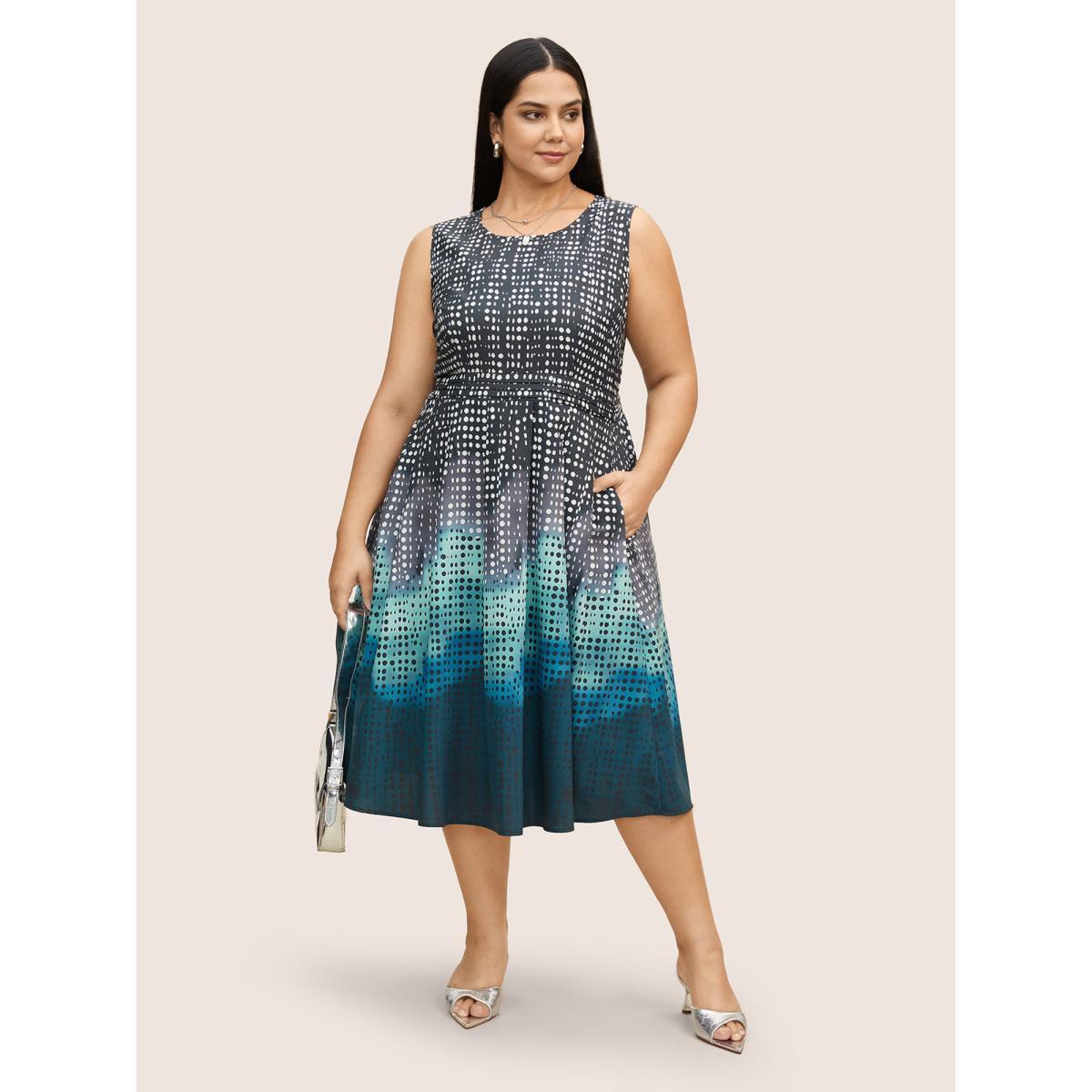 Plus Size Polka Dot Ombre Pleated Pocket Tank Dress Teal Women At the Office Non Round Neck Sleeveless Curvy BloomChic 18-20/2X Product Image