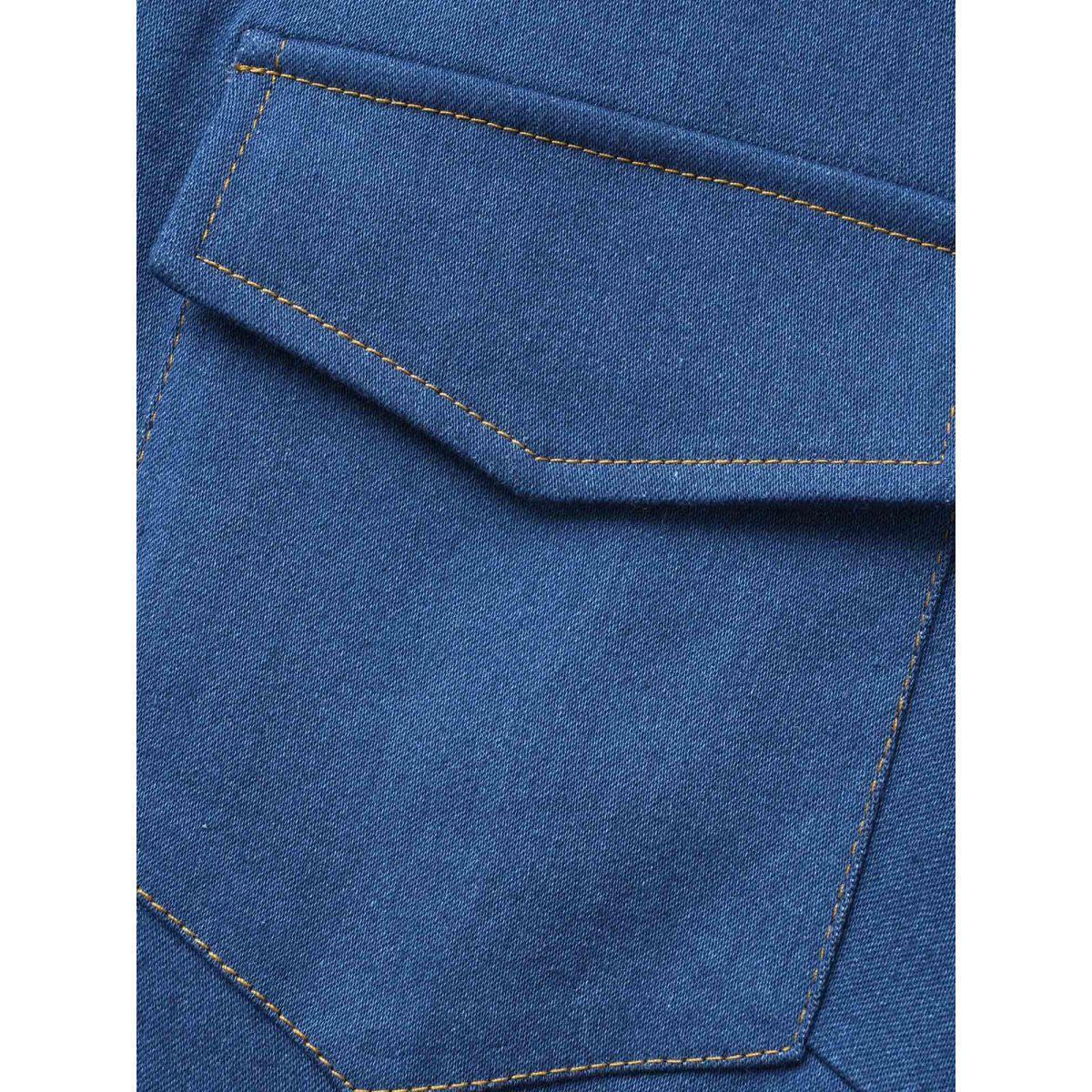 Plus Size Stretch Denim Chest Flaps Waist Defining Midi Dress Denimindigo Women Button Vacation Side seam pocket Resort Denim Dresses BloomChic 14-16/1X Product Image