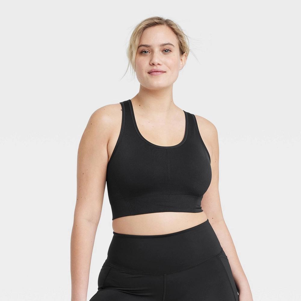 Women's Seamless Medium Support Racerback Midline Sports Bra - All In Motion™ Black M: Moisture Wicking, Removable Padding Product Image