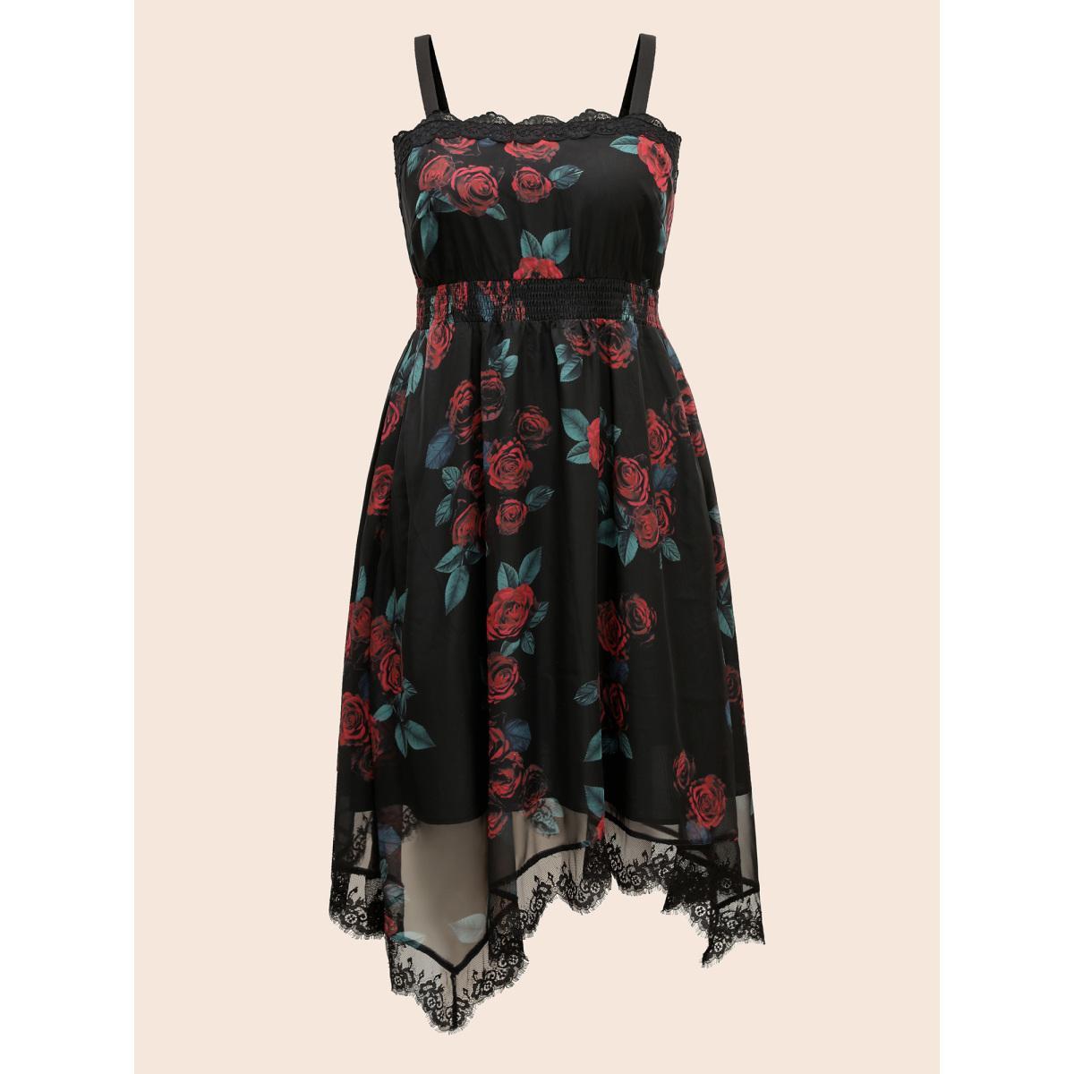 Plus Size Cami Lace Floral Waist Cinching Midi Dress Black Women Cocktail Woven ribbon&lace trim Party Curvy Bloomchic 28/5X Product Image