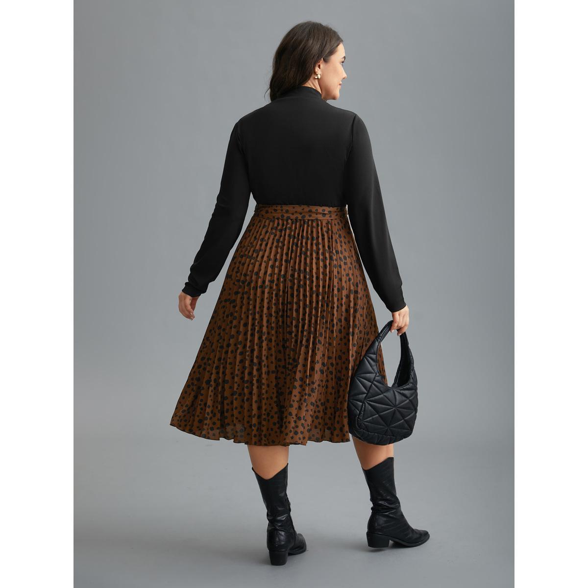 Plus Size Leopard Print Pleated Mock Neck Midi Dress Bronze Women At the Office Belted Mock Neck Long Sleeve Curvy BloomChic 26/4X Product Image