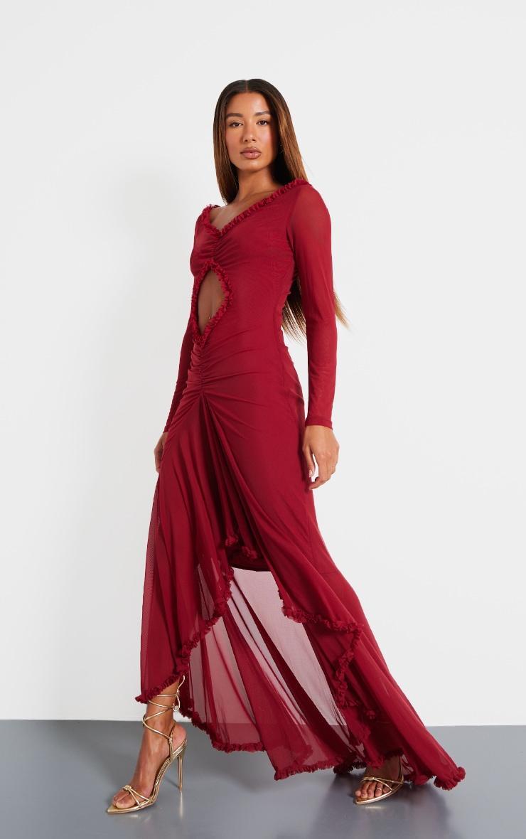 Burgundy Mesh Long Sleeve Frill Detail Cut Out Maxi Dress Product Image
