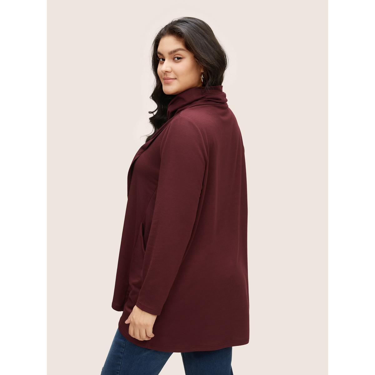 Plus Size Solid Turtleneck Pocket Wrap Hem Sweatshirt Women Burgundy Casual Non Turtleneck Everyday Sweatshirts BloomChic 26/4X Product Image