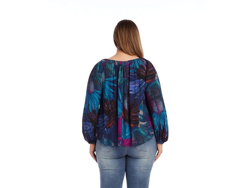 Karen Kane Plus Size Tropical Leaf Print Scoop Neck Long Blouson Sleeve Peasant Top Product Image