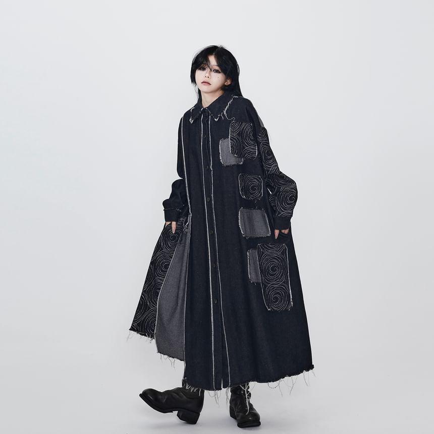 Collar Patchwork Fringed Denim Midi Single-Breasted Coat Product Image