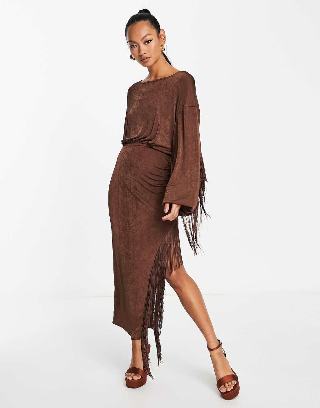 ASOS DESIGN long sleeve slinky midi dress with fringing Product Image