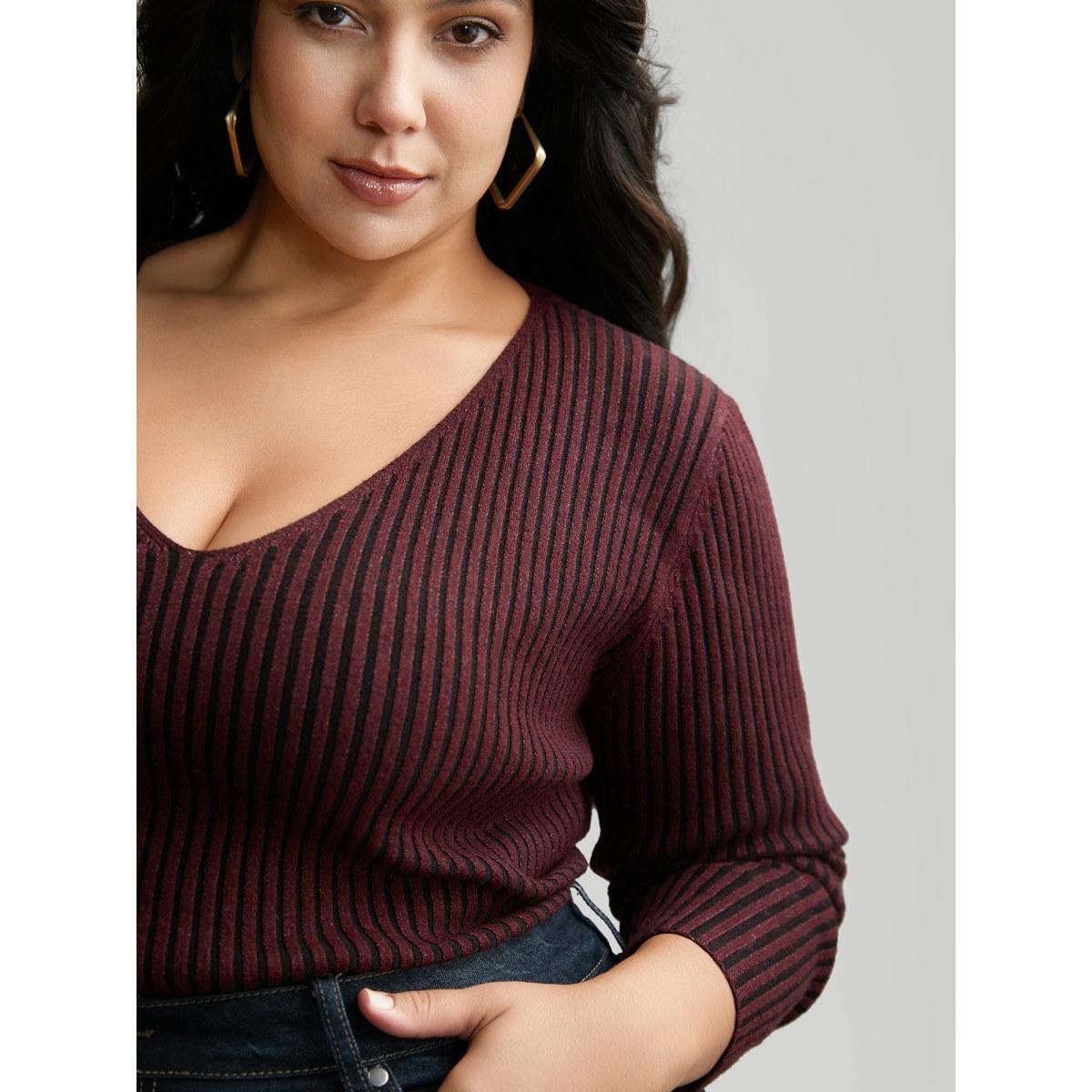 Plus Size Supersoft Essentials Texture V Neck Pullover Deeppurplered Women Casual Skinny Long Sleeve V-neck Everyday Pullovers BloomChic 14-16/1X Product Image