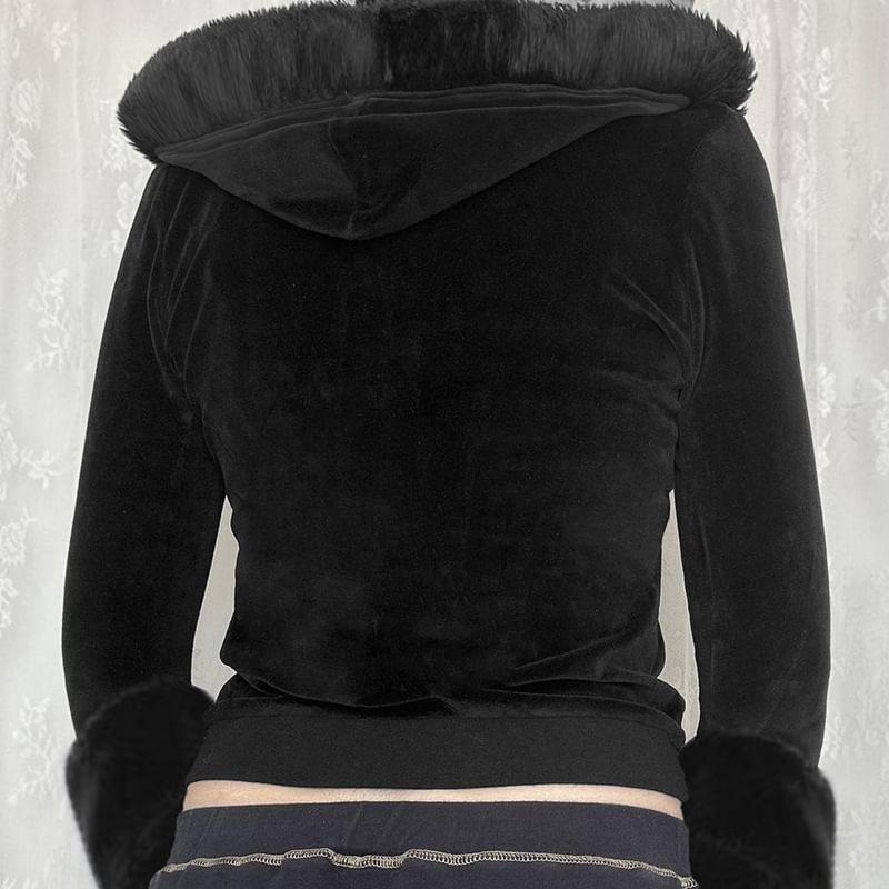Long Sleeve Graphic Print Furry-Trim Zip-Up Hooded Jacket Product Image