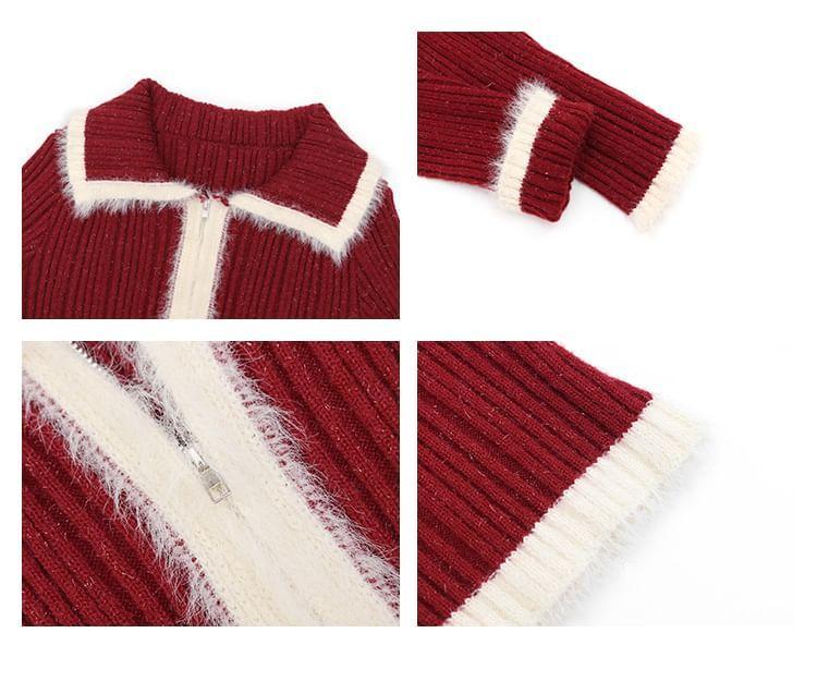 Glitter Contrast Trim Ribbed Zip Cardigan Product Image