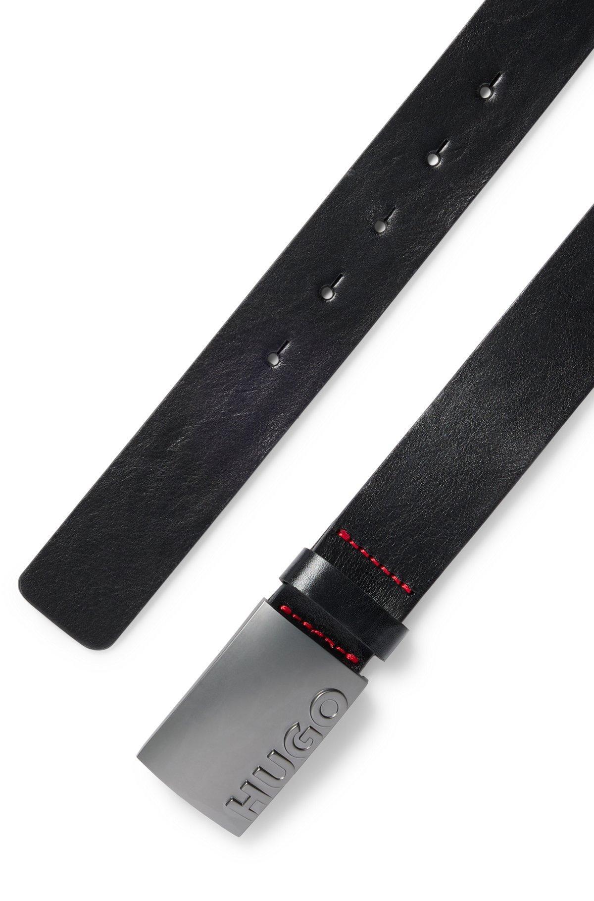 HUGO - Italian-leather belt with plaque buckle - Black Product Image