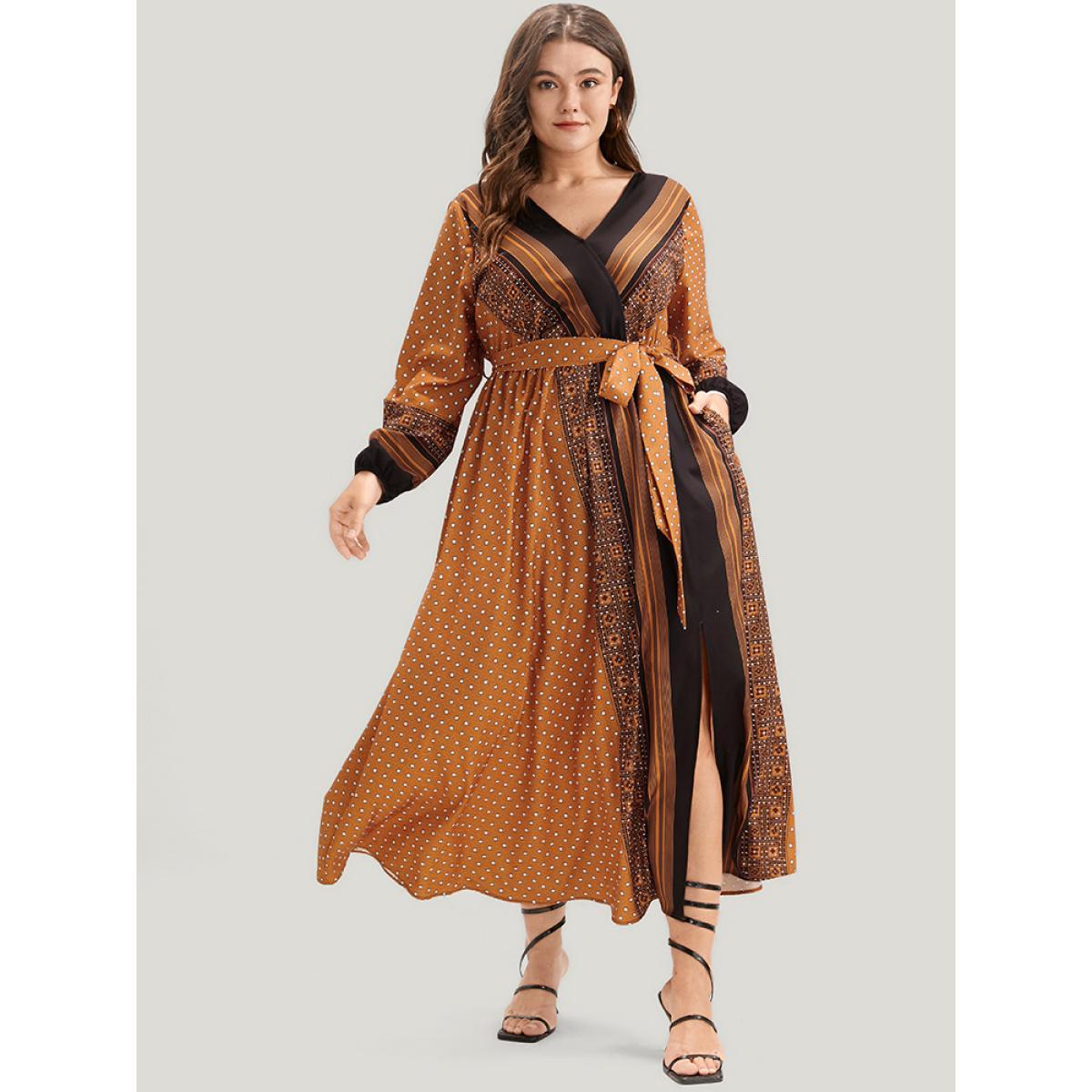 Plus Size Geometric Split Pocket Belted Wrap Lantern Sleeve Dress Bronze Women Vacation Belted V-neck Long Sleeve Curvy Midi Dress BloomChic 18-20/2X Product Image