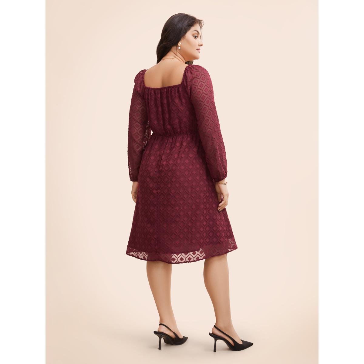 Plus Size Square Neck Textured Mesh Shirred Dress Burgundy Women Elegant Texture Square Neck Long Sleeve Curvy BloomChic 10/M Product Image