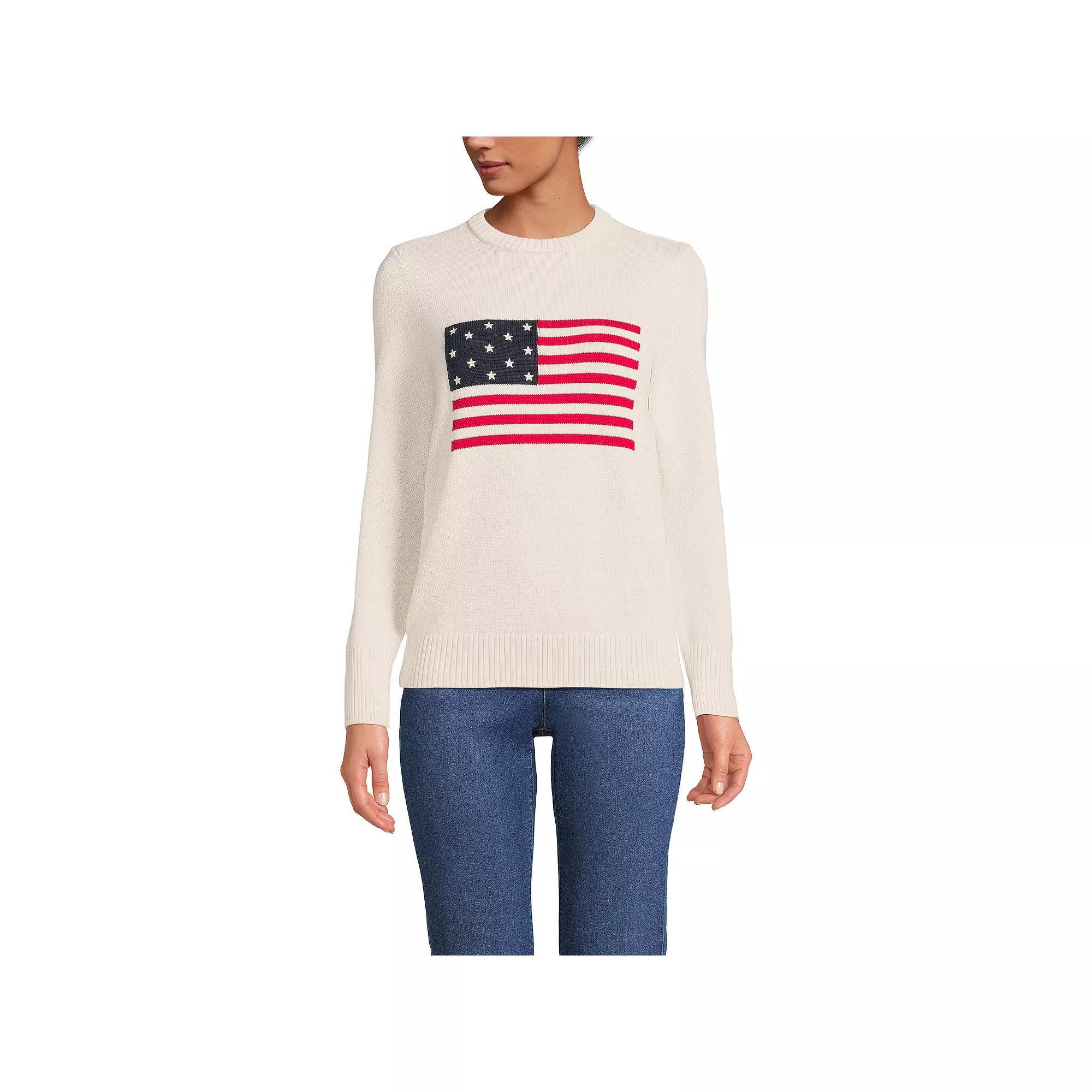 Women's Lands' End Cotton Drifter Crew Neck Sweater, Size: Medium, Oatmeal Grey Flag Product Image