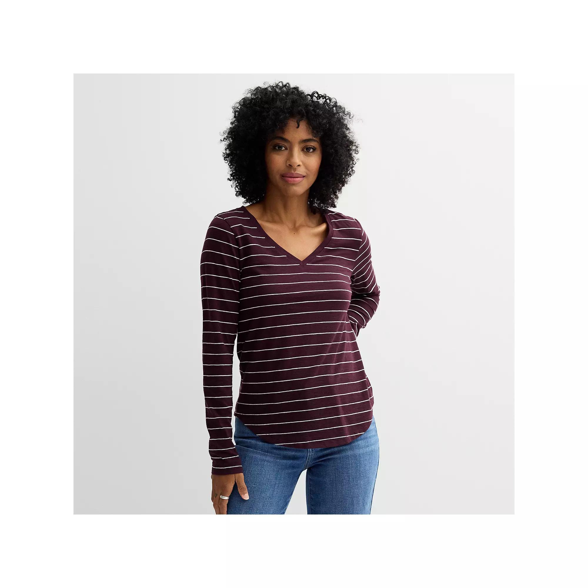 Women's Sonoma Goods For Life® Everyday Long Sleeve V-Neck Tee, Size: XL, Jam White Stripe Product Image