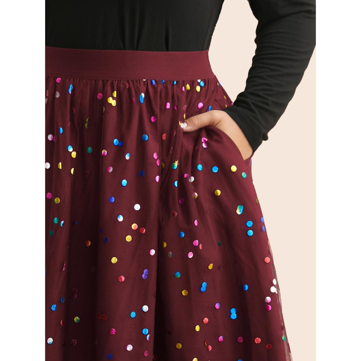 Plus Size Sequin Polka Dot Tiered Mesh Skirt Women Burgundy Cocktail Tiered Loose No stretch Side seam pocket Party Skirts BloomChic 26/4X Product Image