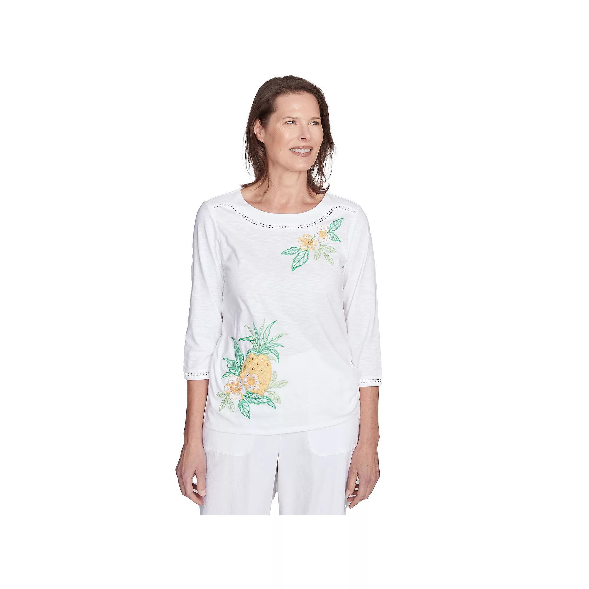 Petite Alfred Dunner Embroidered Pineapple Top, Women's, Size: Medium Petite, White Team Product Image