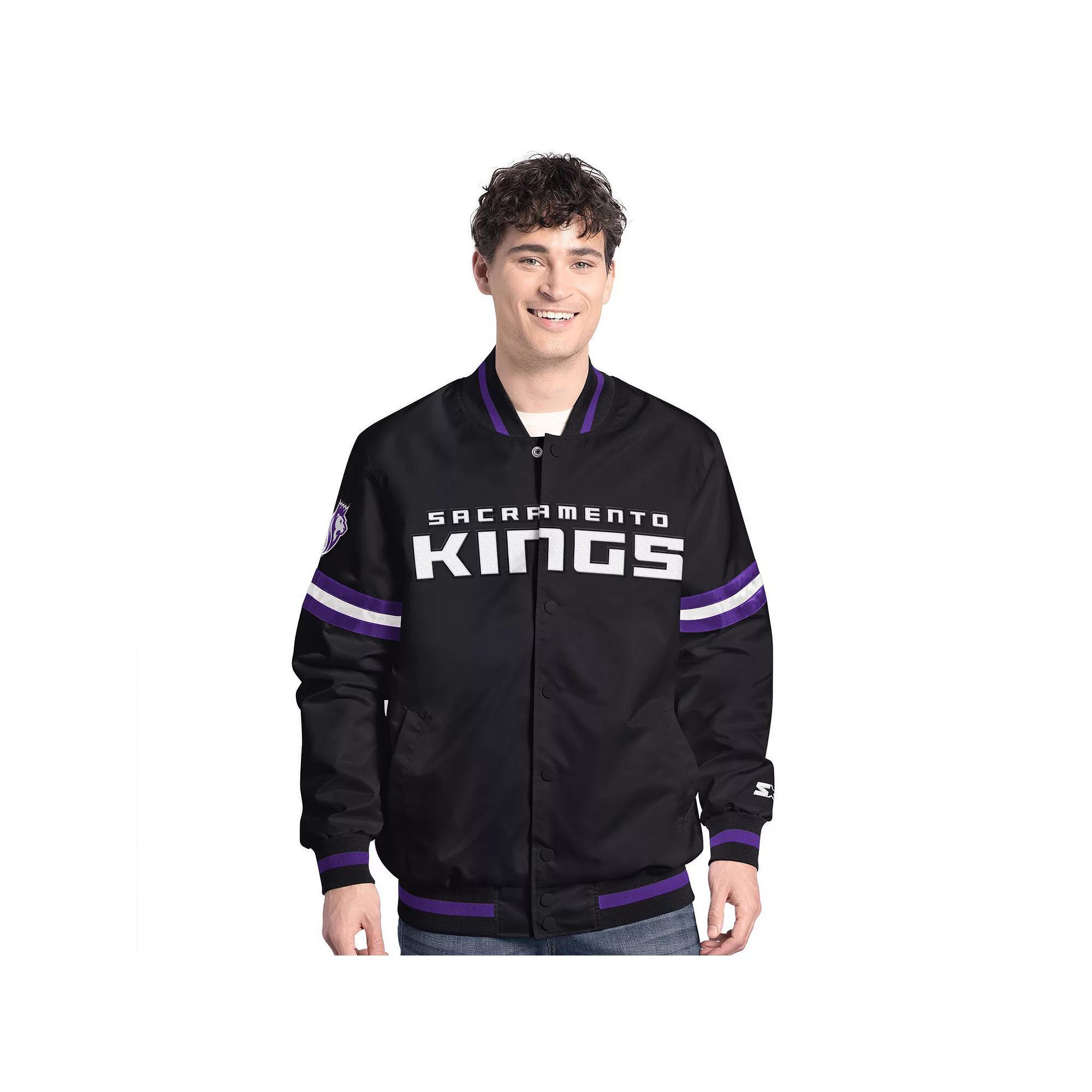 Men's Starter Black/Purple Sacramento Kings Scout Full Snap Varsity Jacket, Size: Large, Kng Black Product Image